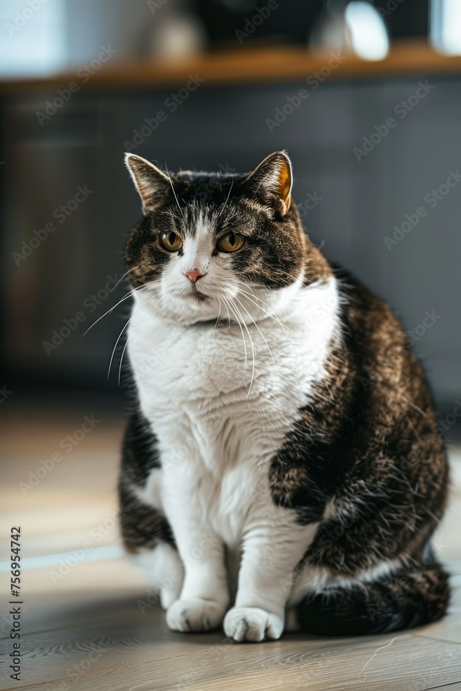 The problem of animal obesity, a pet cat suffers from excess weight at home