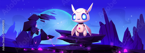 Alien planet landscape with cute robot astronaut. Cartoon vector outer space world scenery with stone mountains, rock cliff, pink glow crystals and celestial body on blue sky. Ai cosmonaut character.