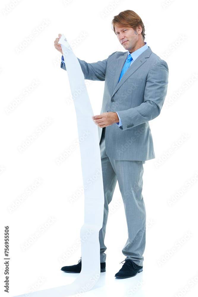Businessman, portrait and receipt with finance, bills or expenses on a white studio background. Man or employee with paperwork or document for financial record, debt or budget list on mockup space Businessman, portrait and receipt with finance, bills or expenses on a white studio background. Man or employee with paperwork or document for financial record, debt or budget list on mockup space