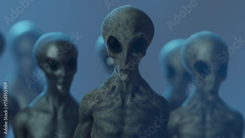 A group of creepy grey aliens staring at the camera Closeup version UHD 4K photo