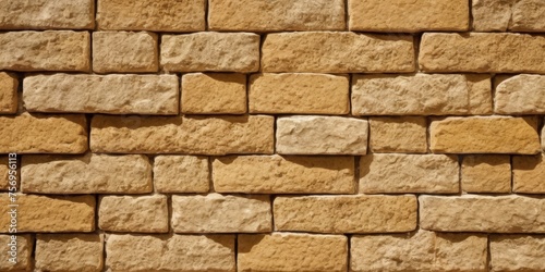 Rock stone brick tile wall aged texture detailed pattern background in yellow cream beige colo