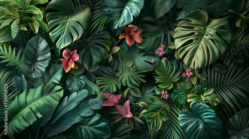 a variety of tropical leaves and exotic flowers. The rich green tones and the intricate patterns highlight the diversity of the tropical flora.