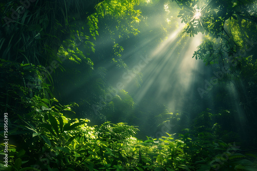 Light coming through a lush forest 