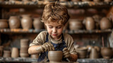 A child is happily engaged in the hobby of pottery, focusing intently on molding a piece of clay on a pottery wheel. Generative AI