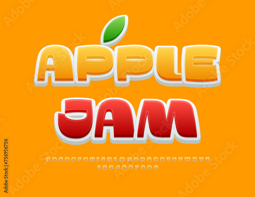 Vector advertising label Apple Jam. Sunny Yellow Font. Modern Alphabet Letters and Numbers set.