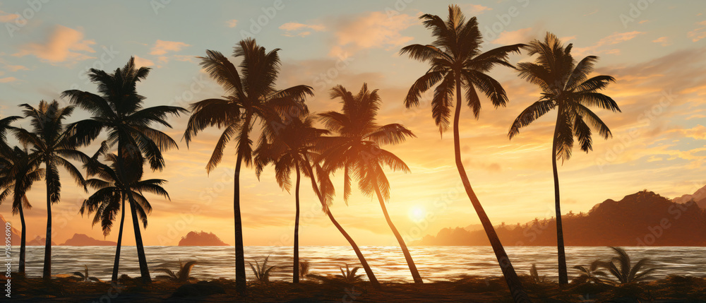 Coconut palms Cocos nucifera sway in the late afternoon