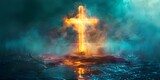 Glowing Holographic Cross of Jesus Painting with Special Effects. Concept Religious Art, Holographic Painting, Special Effects, Cross of Jesus, Glowing Art