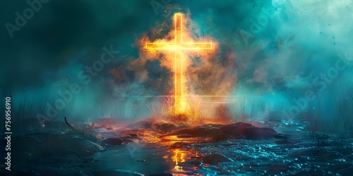 Glowing Holographic Cross of Jesus Painting with Special Effects. Concept Religious Art, Holographic Painting, Special Effects, Cross of Jesus, Glowing Art