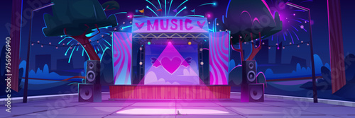 Holiday event with music festival in city park at night. Dark urban public garden landscape with fireworks over stage for concert. Cartoon vector illustration of scene for outdoor entertainment.