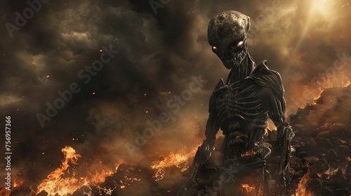 Create a humanoid alien with dark smoky skin blending into a burning landscape.