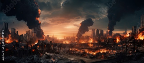 A city is on fire, with billowing smoke rising into the sky and flames consuming buildings. The scene is chaotic, with explosions adding to the devastation.