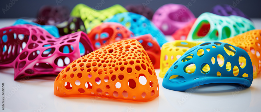 Colorful 3D printed objects on a flat surface