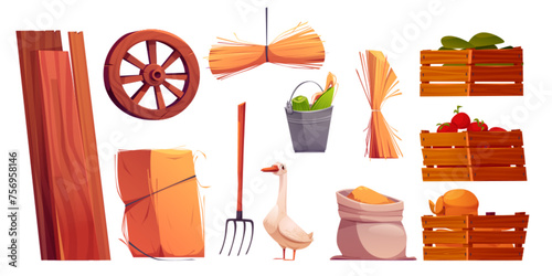 Farm barn interior elements set. Cartoon vector hay in stacks, wooden planks and cart wheel, fork tool and corn in metal bucket, ripe vegetables tomato and pumpkin in boxes, goose and grain in sack.