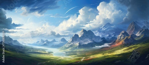 An art piece depicting a natural landscape with a majestic mountain, a river winding through, fluffy cumulus clouds in the sky, and a serene atmosphere