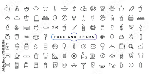 Food and drinks icon. Restaurant line icons set. Contains such Icons as Fruit Basket, Noddles, Healthy Smoothies and more.