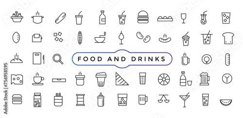 Food and drinks icon. Restaurant line icons set. Contains such Icons as Fruit Basket, Noddles, Healthy Smoothies and more.
