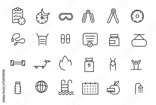 Physical Fitness icon set. line icons related to wellness, wellbeing, mental health, healthcare, cosmetics, spa, medical.