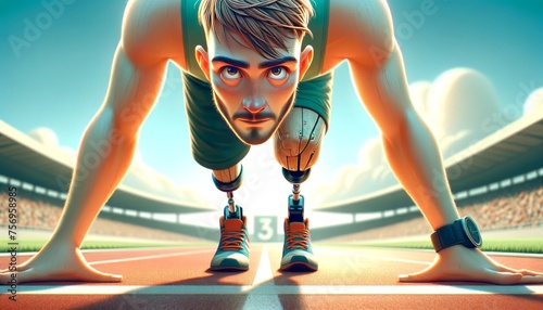 An animated, whimsical close-up illustration of a determined runner with a prosthetic leg taking a deep breath at the starting line of a race track.