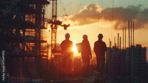 A striking silhouette of a team of engineers standing united at a construction site, framed against the golden hues of a serene sunset