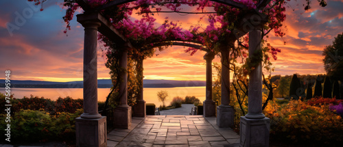 Colorful sunrise over ceremonial arch at a vinyard