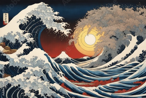 japanesestyle great wave with retro comic background photo