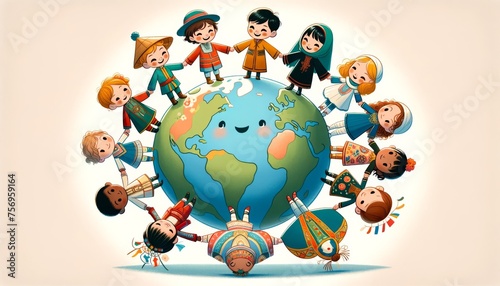 A whimsical, animated image featuring a globe in the center, surrounded by five children in various national costumes holding hands. © FantasyLand86