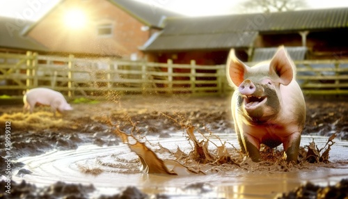 An image of a pig joyfully wallowing in a mud puddle in a sunlit farmyard 2. photo