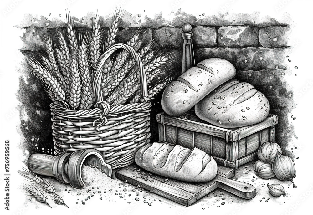 Freshly baked bread, loaf and ears of wheat in wicker basket, hand ...