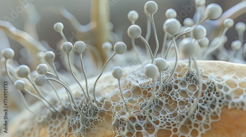 Close-up 3D illustration of Aspergillus mold, showcasing its spore-producing conidiophores on bread, highlighting food deterioration. photo