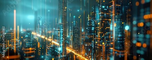 Digital network lines and nodes superimposed on a vibrant night cityscape, symbolizing connectivity