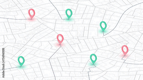 Isometric city urban roads and streets abstract map downtown district map. Highlights points of interest and roads to location marker. Vector illustration