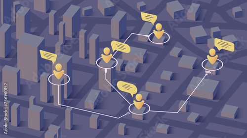 Communication concept. People connected with each other around. Business people around city working with online computer. Generic city map on background. Editable isometric, vector illustration.