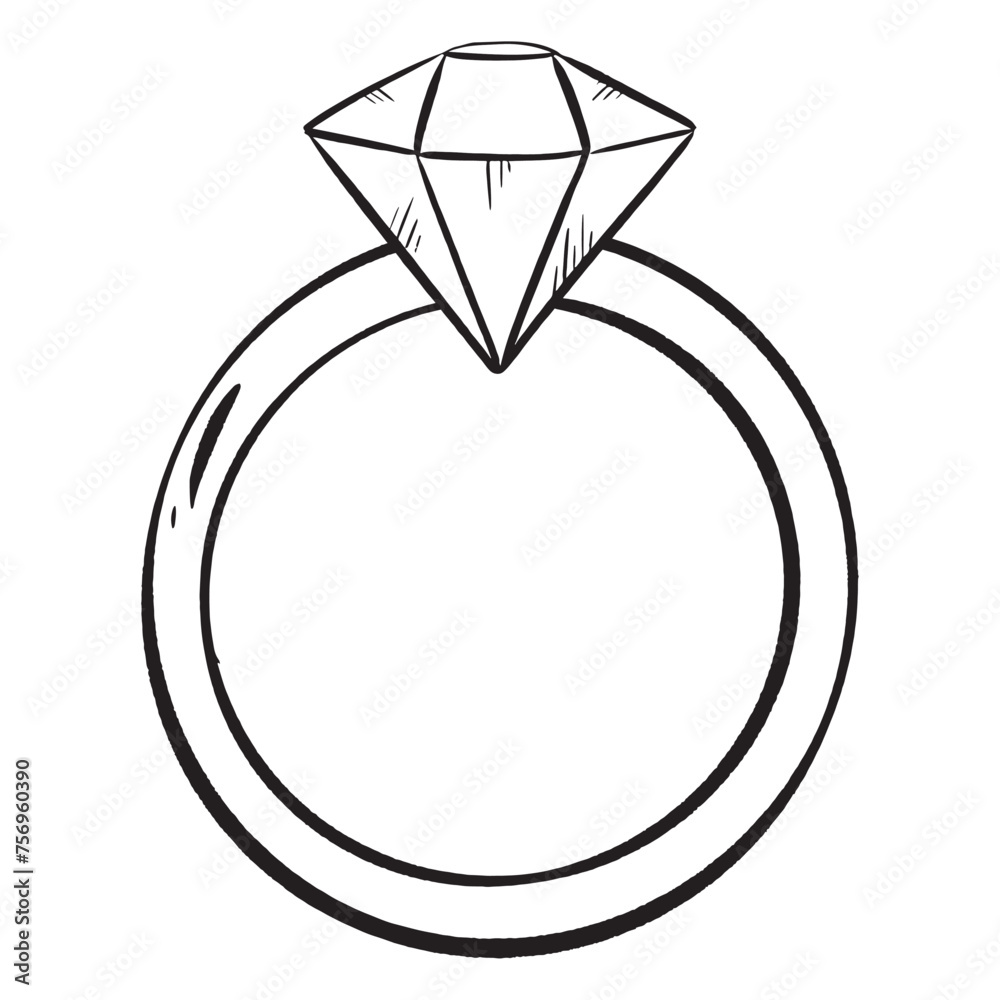 a black and white drawing of a ring with a diamond in it
