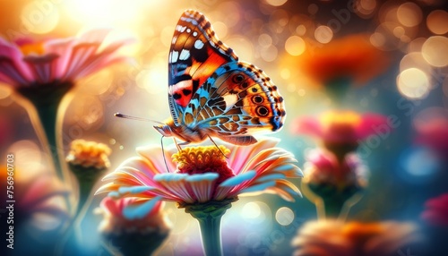 A butterfly with colorful wings alighting on a flower, the details of its patterns captured in the warm, natural light of early morning. photo