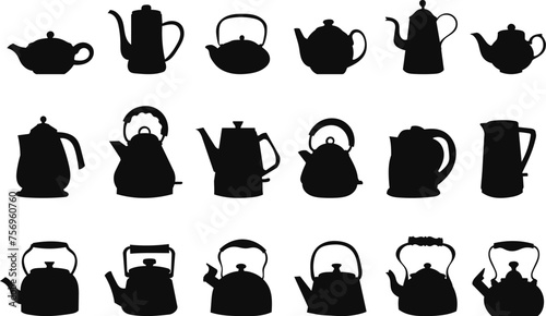 set of teapots silhouette on white background, vector