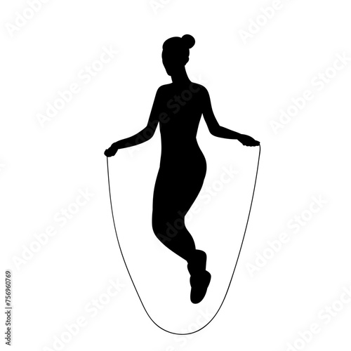 woman jumping rope silhouette on white background, vector