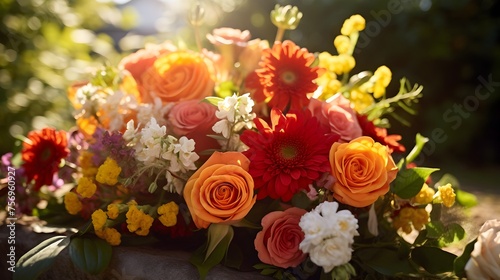 A bouquet of flowers mix of red orange and yellow on a grave in sunshine