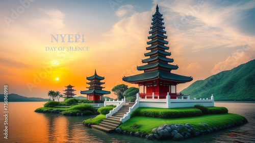 nyepi day of silence background illustration with temple sunset
