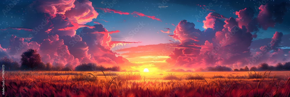 Illustration of Futuristic Landscape of Field,
Illustrated sky with clouds sun stars and sunrise or sunset artistic digital drawing atmospheric and dreamlike 
