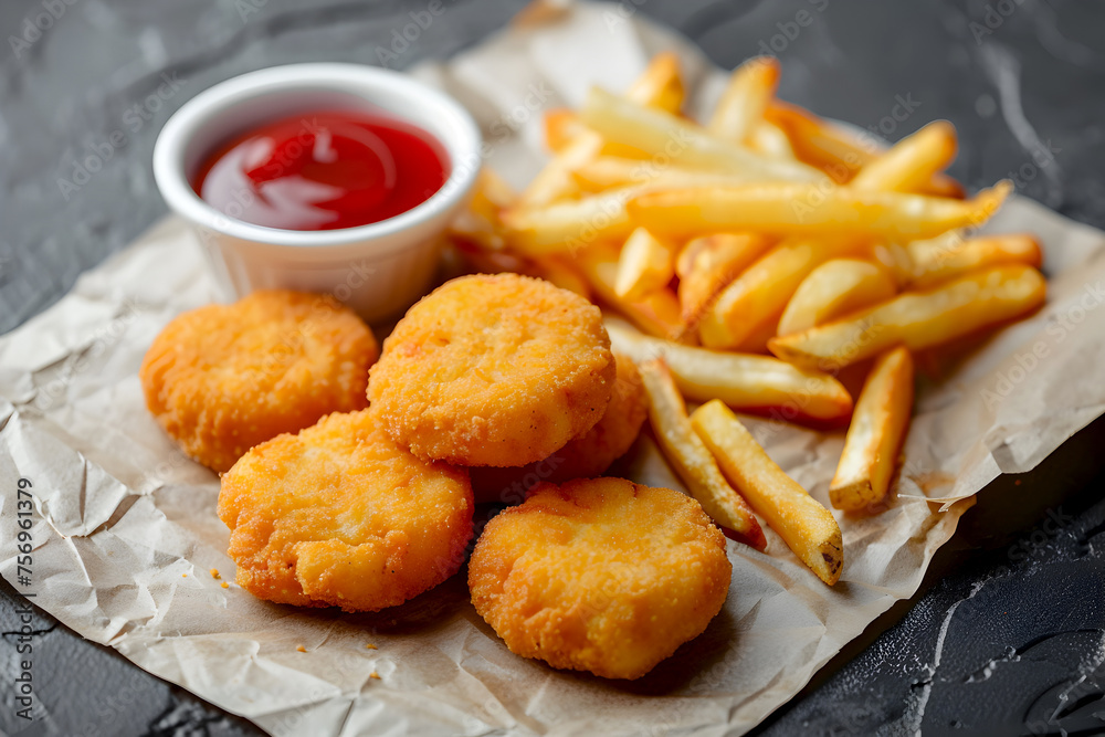 Chicken nuggets with fries and dipping sauce on textured parchment paper. Savory snack of breaded nuggets and fries with red sauce. Golden chicken bites with French fries, classic fast food duo