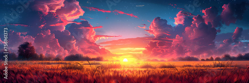 Illustration of Futuristic Landscape of Field, Illustrated sky with clouds sun stars and sunrise or sunset artistic digital drawing atmospheric and dreamlike 