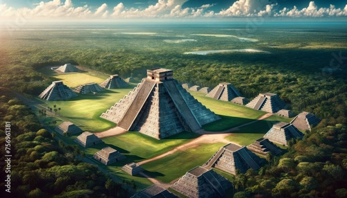 An aerial view of the entire Chichen Itza complex in Mexico, capturing the majestic Kukulkan Pyramid, the vast Great Ball Court, and the surrounding. photo