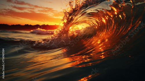 Rolling ocean waves at sunset. Clean and clear water splashes with foam and drops. Beautiful background. Generative AI