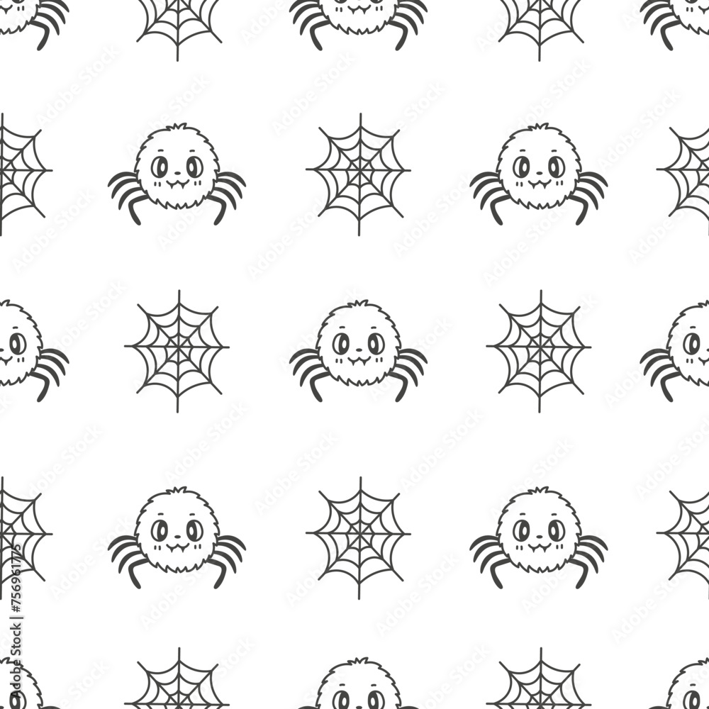 Cute Spider and Web Seamless Pattern in doodle style. Happy insect character background. Hand drawn black and white repeat vector illustration for kids Halloween decoration Cute Spider and Web Seamless Pattern in doodle style. Happy insect character background. Hand drawn black and white repeat vector illustration for kids Halloween decoration