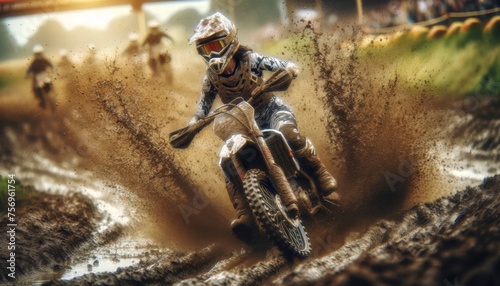 A female motocross rider racing through a muddy track, splashing mud around, in a similar spirit and style as the original image.