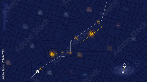 Highway disruptions. Accident road. GPS navigator screen with signs of streets. Closed turns of the route, road. Traffic detours on isometric map. Location tracks dashboard. Vector illustration photo