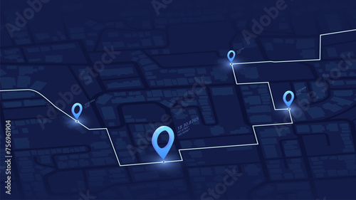 Main road throughout map. Navigation to poi. Isometric generic city map with signs of streets, roads. Simple scheme of city. Vector illustration, map background
