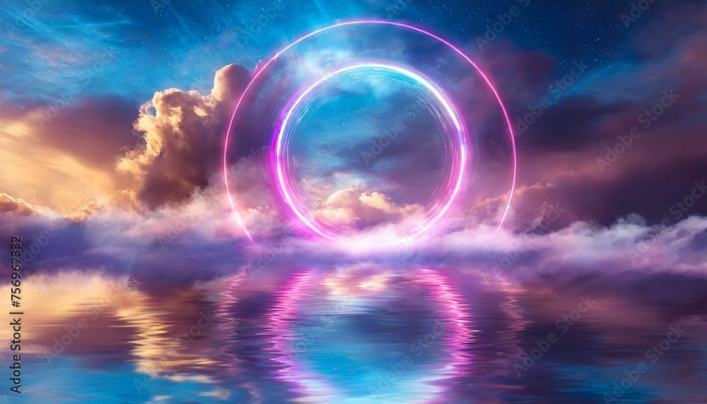 Neon Dreams: Circular Geometry Radiating in Clouds with Water's Mirror