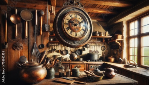 An antique wall clock hanging in a rustic farmhouse kitchen with vintage cooking utensils.
