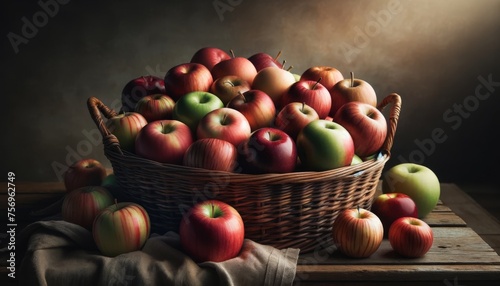 A medium shot of a basket filled with different varieties of apples, emphasizing the different colors and sizes.